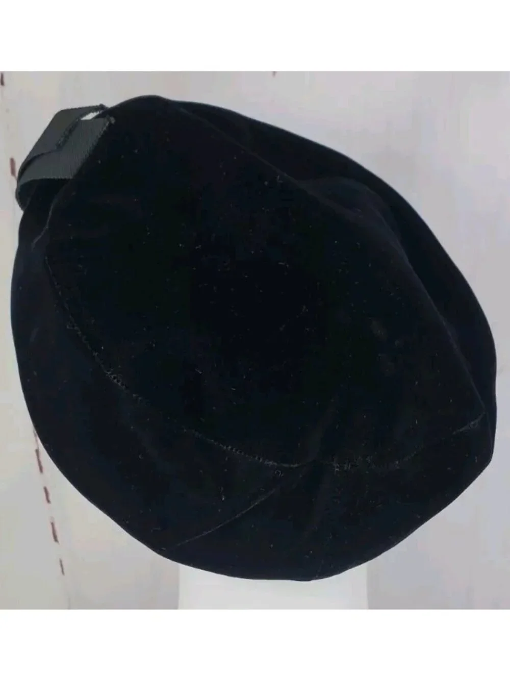 Vtg Union Black Velvet Slouch Beret Cap Hat Ribbon United Hatters Millinery MED